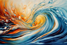 Abstract Blue Water Waves Colorful Oil Painting Art, And Abstract Wind Waves In The Sky With Yellow. Blue, And Golden  Color Mix