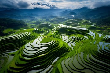 Poster - Aerial shot capturing the symmetrical beauty of terraced paddy field formations