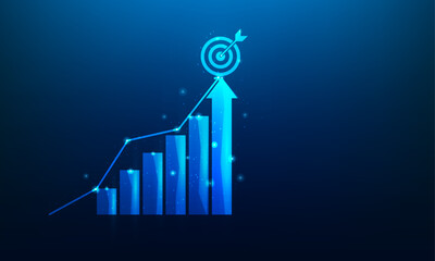 Sticker - achievement target step goal to success on blue background. up arrow investment digital technology. vector illustration  business technology design.