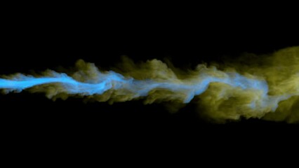 Poster - Yellow-blue smoke on a dark background. Rendering animation. A stream of smoke. Footage for intro.