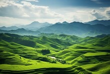 Beautiful Scene Of A Vibrant Green Valley Surrounded By Rolling Hills. Generative AI