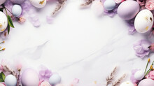An Elegant Easter Frame Created With A Selection Of Pastel Eggs And Soft Purple Florals On A White Marble Background.