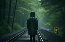 Rain Forest.A Man's Back Wearing A Raincoat Standing Alone On Train Tracks In The Forest In Rainy Weather