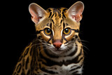 Ocelot close-up portrait on a black background.	