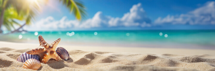 Poster - Seashells and starfish on sandy beach with seashore background