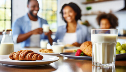 Close-up of a glass of milk and a croissant on the table with family in the background