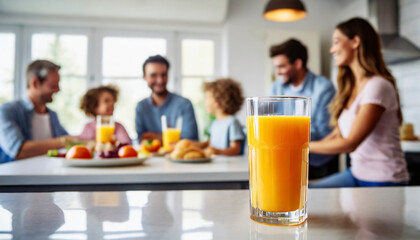 Close up of glass of orange juice on table with family in background