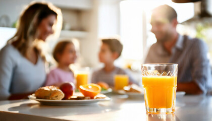 Close up of glass of orange juice on table with family in background