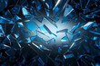 broken shards of glass floating mid air on dark background. blue shimmering fragments flying movement 3d rendering illustration. explosion fragility destruction concept. 