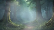 Mysterious Dark Forest With Many Fog Background. Anime Style 4k Loop Animation