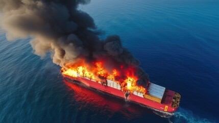 Wall Mural - Aerial photograph of a container ship during a fire. Shipping is one of the most important engines of the modern economy.