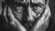 © Sergio - Monochrome portrait of a suffering adult man with emotion grief sadness feelings holding his hands to his face