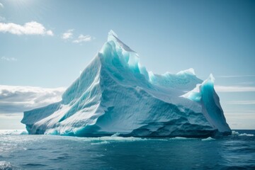 Aufkleber - A beautiful ice iceberg on a blue ocean against a blue sky with clouds.