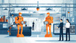 safety-conscious culture within a technologically advanced factory with a vector art piece featuring men and robots adhering to strict safety protocols. 