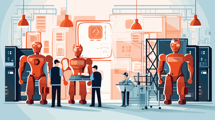 Wall Mural - safety-conscious culture within a technologically advanced factory with a vector art piece featuring men and robots adhering to strict safety protocols. 