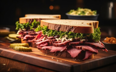 Wall Mural - Pastrami  sandwich on board