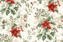 Seamless Floral Pattern With Poinsettia And Holly Berries