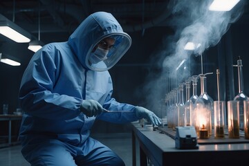 Poster - Close-up of a scientist wearing a protective suit and helmet conducting an analysis in a modern chemical research laboratory. Science, medicine, biotechnology, molecular biology concepts.