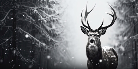  a black and white deer head in the forest 