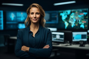 Poster - Portrait of beautiful businesswoman in office. Business and technology concept.