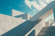 © Kuo - Abstract white painted concrete structure, blue sky with clouds, shadows on the grounds, with low angle shot, minimalism, Modern and activity atmosphere.