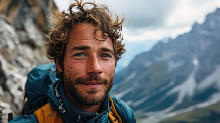 Wall Mural - handsome man, hiker selfie on the mountain