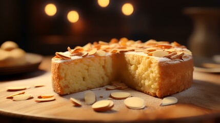 Wall Mural - Cake with almonds on a wooden table. Selective focus.