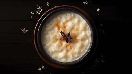 Wall Mural - Rice porridge with cinnamon in a bowl on a black background