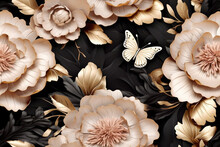 Precious Flowers Peonies With Butterflies With Gilding And Black Leaves, 3D Texture