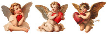 Set/collection Of Vintage Angels. An Angel Sits And Holds A Red Heart. Valentine's Day. Isolated On A Transparent Background.