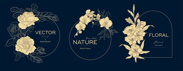 Wall Mural - Set of vintage elegant floral logo for beauty, natural and organic products, cosmetics, spa and wellness, fashion. Vector illustrations Boho hand drawn line for graphic and web design, marketing mater