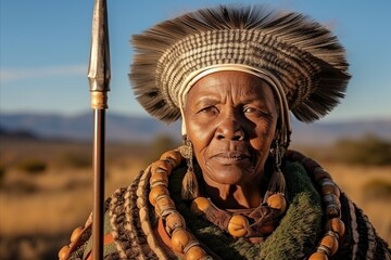 Wall Mural - Portrait of an old woman with a spear in the African savannah