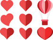 Flat heart shapes collection with a heart shaped hot air balloon. Valentine assets for greetings and postcard designs. Concept of love and romance