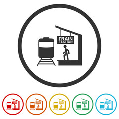 Sticker -  Rail or train station icon. Set icons in color circle buttons