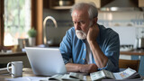 Fototapeta  - a Retired senior man Facing Financial Challenges: Serious Expression While Reviewing debt Bills and Laptop Indoors. Tax issues, mortgage, foreclosure, penalties and late fees concept