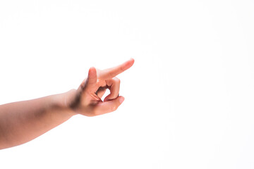 Woman showing index and middle fingers on isolated white background