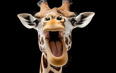 Giraffe head face look funny and happy on isolated black background