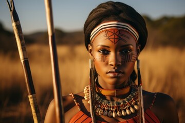 Wall Mural - Portrait of a beautiful african woman with arrow in the field.