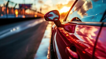 Poster -  a red car parked on the side of the road with the sun shining through the clouds in the back window.