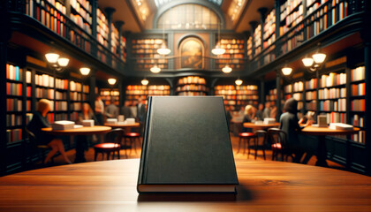 Poster - Black book upright in library with blurred background, focus on reading and learning. Generative AI