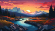 Illustrated beautiful scenic view of Wrangell-St. Elias National Park during sunrise or sunset. Colorful landscape illustration.