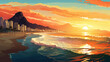 copacabana beach brazil during sunrise or sunset. Colorful seascape illustration. 