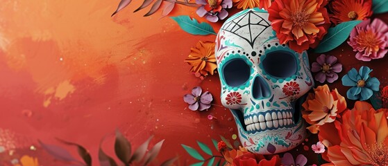 Wall Mural -  a painting of a skull surrounded by flowers on a red background with leaves and flowers on the bottom half of the skull.