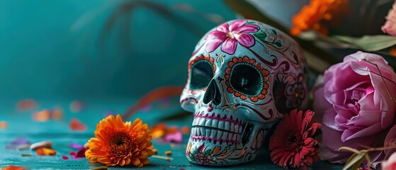  a close up of a skull with flowers in front of it and a vase with flowers in front of it.