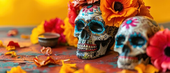 Wall Mural -  a couple of skulls sitting next to each other on top of a table with flowers on top of the skulls.