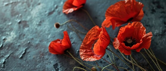 Poster -  a group of red flowers sitting on top of a blue counter top next to a vase with flowers in it.