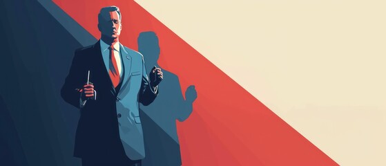 Canvas Print -  a man in a suit and tie standing in front of a red, white, and blue wall holding a pair of scissors.