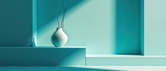 Poster -  a white vase sitting on top of a table next to a blue wall with a shadow of a plant in it.