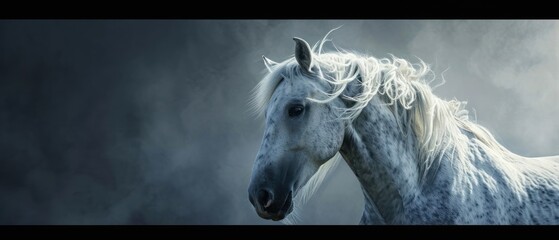 Poster -  a white horse with a long mane standing in front of a dark sky with a cloud of smoke behind it.