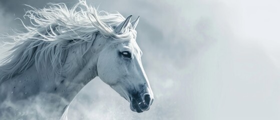 Poster -  a white horse with a long mane standing in a field of grass in front of a dark cloud filled sky.